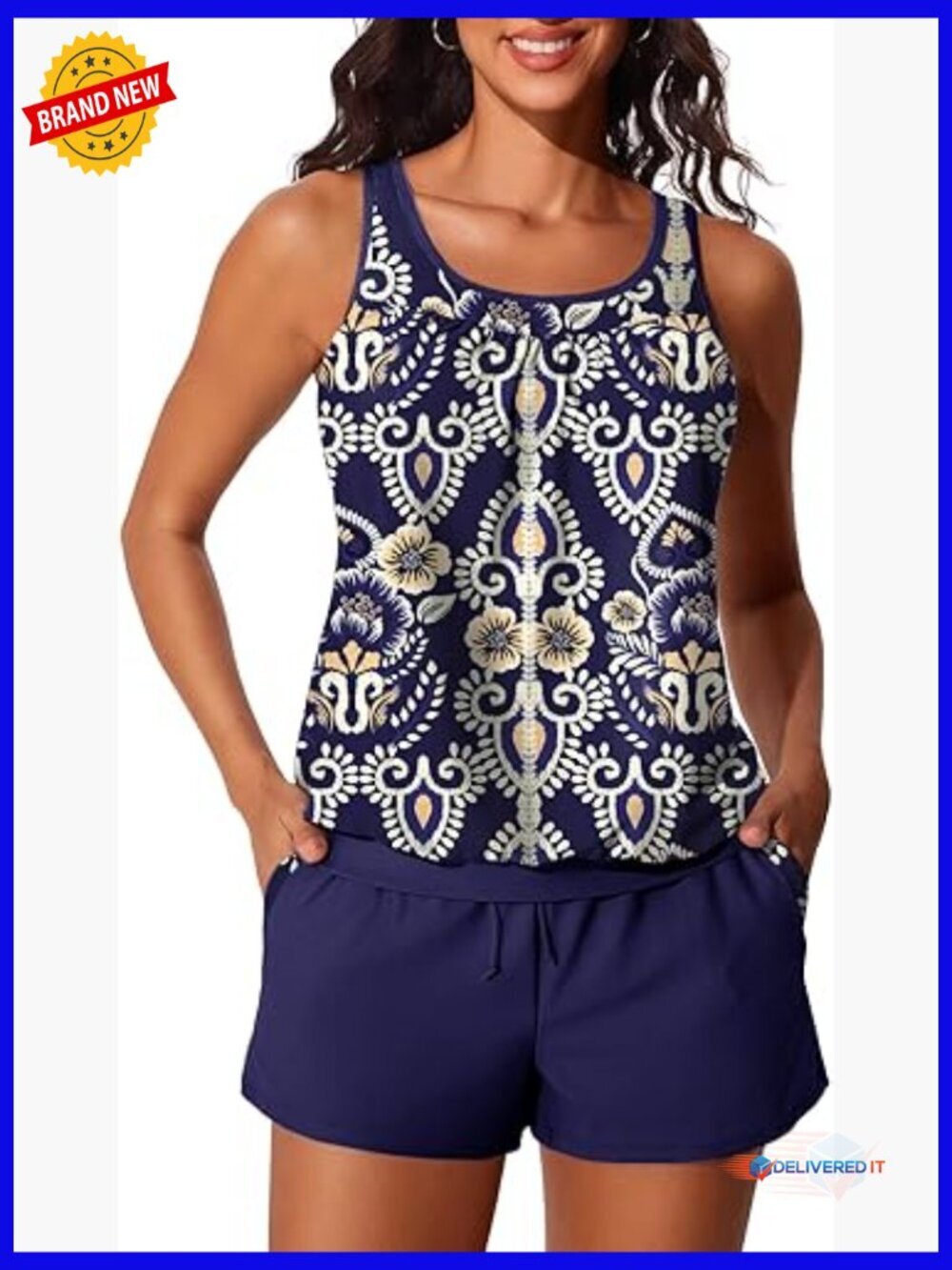 Women's Tankini Swimsuit Two Piece with Pockets Tummy Control Modest Blouson